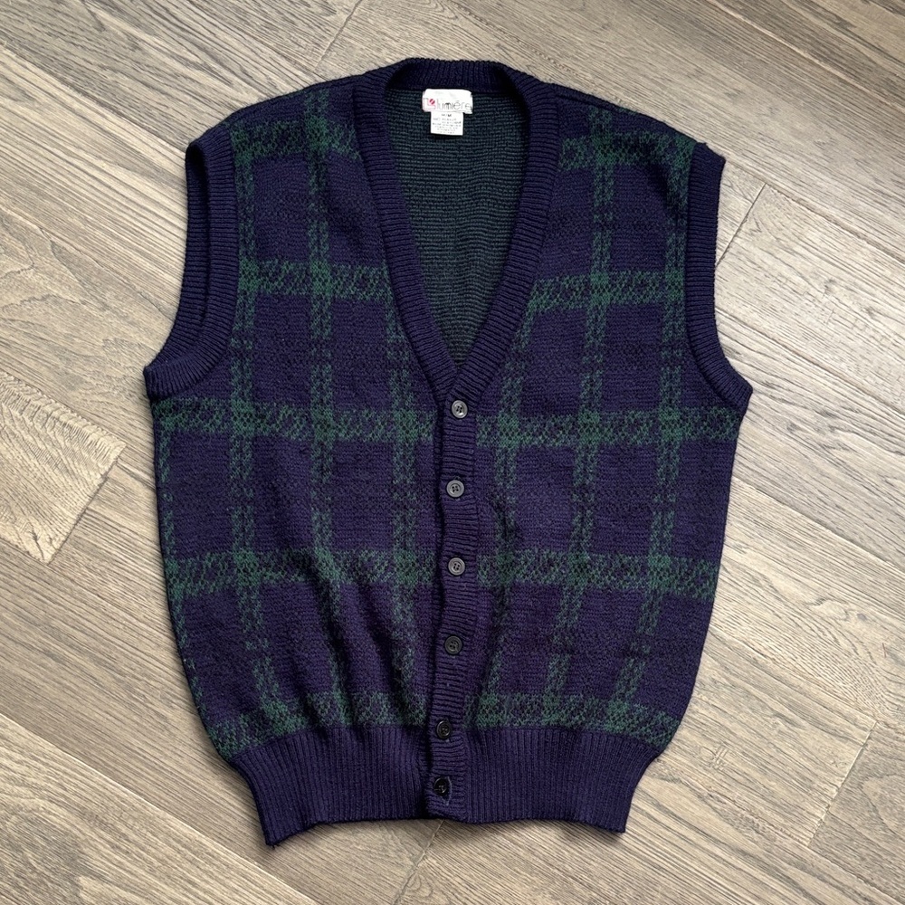 Lumiere | Vintage Blue and Green Plaid Knit Button-Up Vest Size Medium